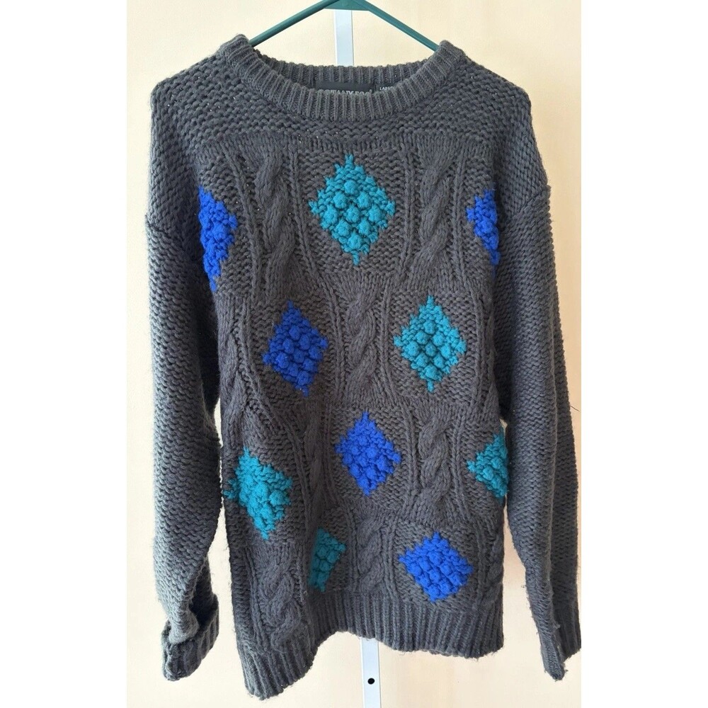 Vintage Botany 500 Mens Knit Sweater Large Multicolor Grandpa Patch Gray Blue